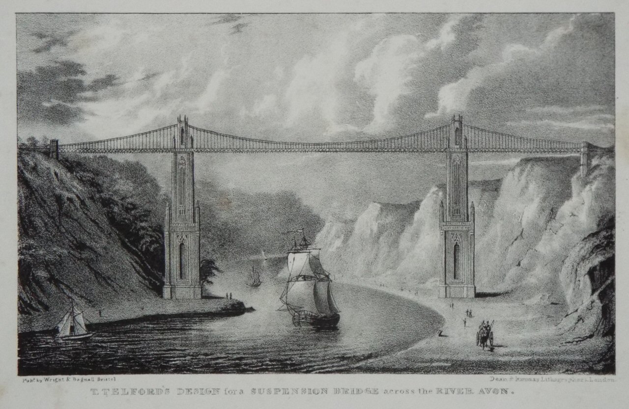 Lithograph - T.Telford's Design for a Suspension Bridge across the River Avon. - Dean